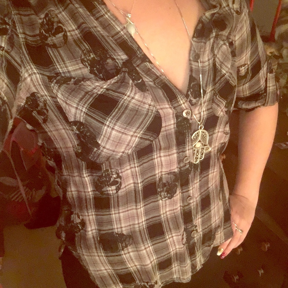 Skull Black Plaid Button-up